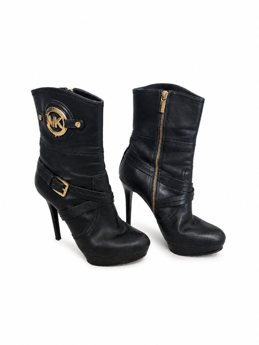 Michael Kors Black Leather Platform Stiletto Boots Gold Logo 7.5